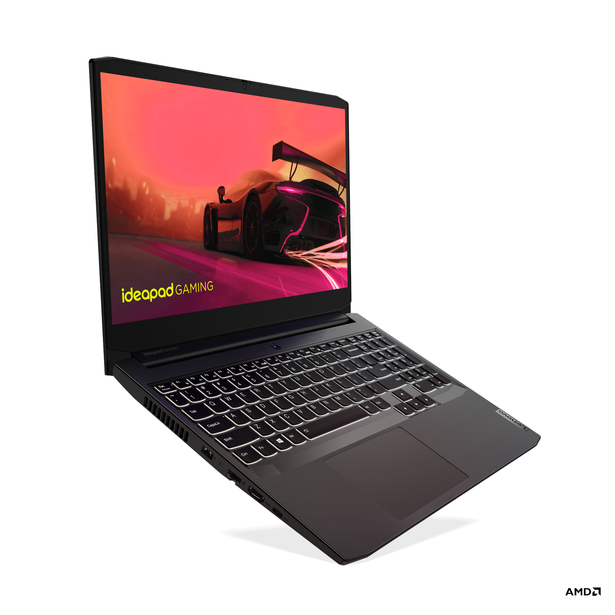 Ekranında 'ideapad GAMING' logosu olan siyah bir dizüstü bilgisayar, açılı görünüm.