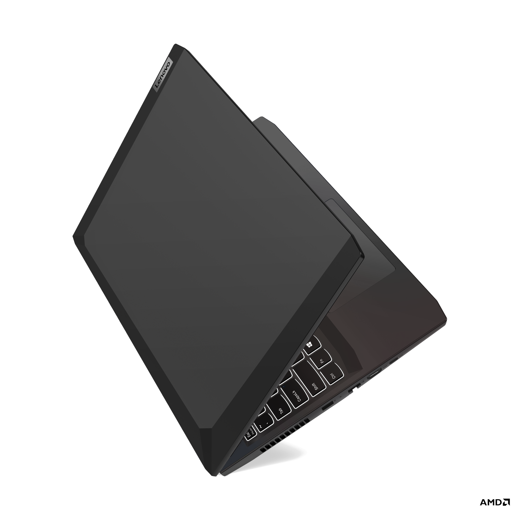 Lenovo dizüstü bilgisayar, kapalı, yukarıdan siyah bir arka plan üzerinde görüntüleniyor.