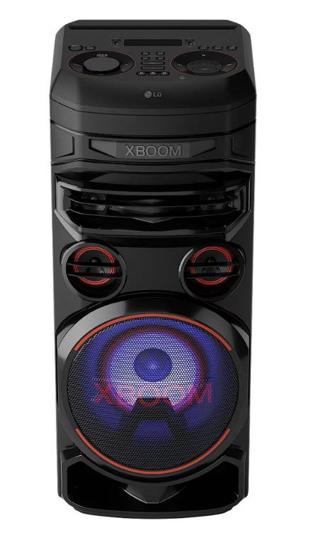 Siyah LG XBOOM hoparlör, kırmızı vurgular ve mavi ışıklarla.