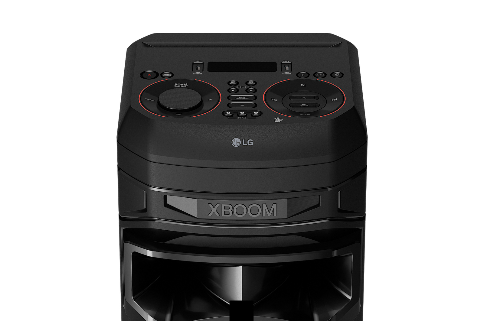 Siyah LG XBOOM hoparlör. Kontrol düğmeleri, düğmeler ve LG logosu bulunur. Ön tarafta XBOOM yazmaktadır.
