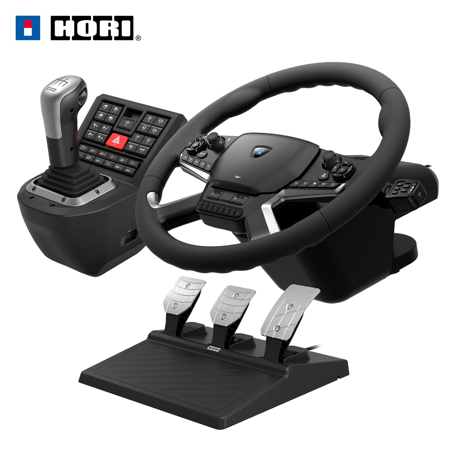 Oyun için siyah bir Hori direksiyon, vites kolu ve pedal seti. Direksiyon gümüş detaylarla siyah renktedir.