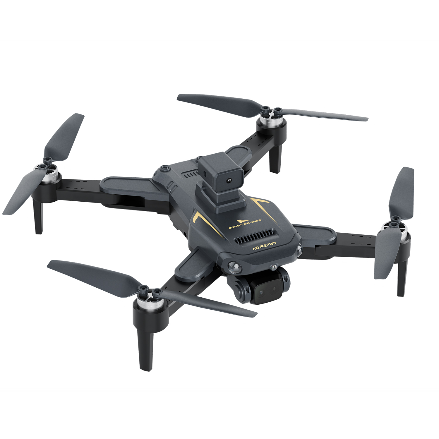 Dört pervaneli siyah ve altın renkli bir drone.