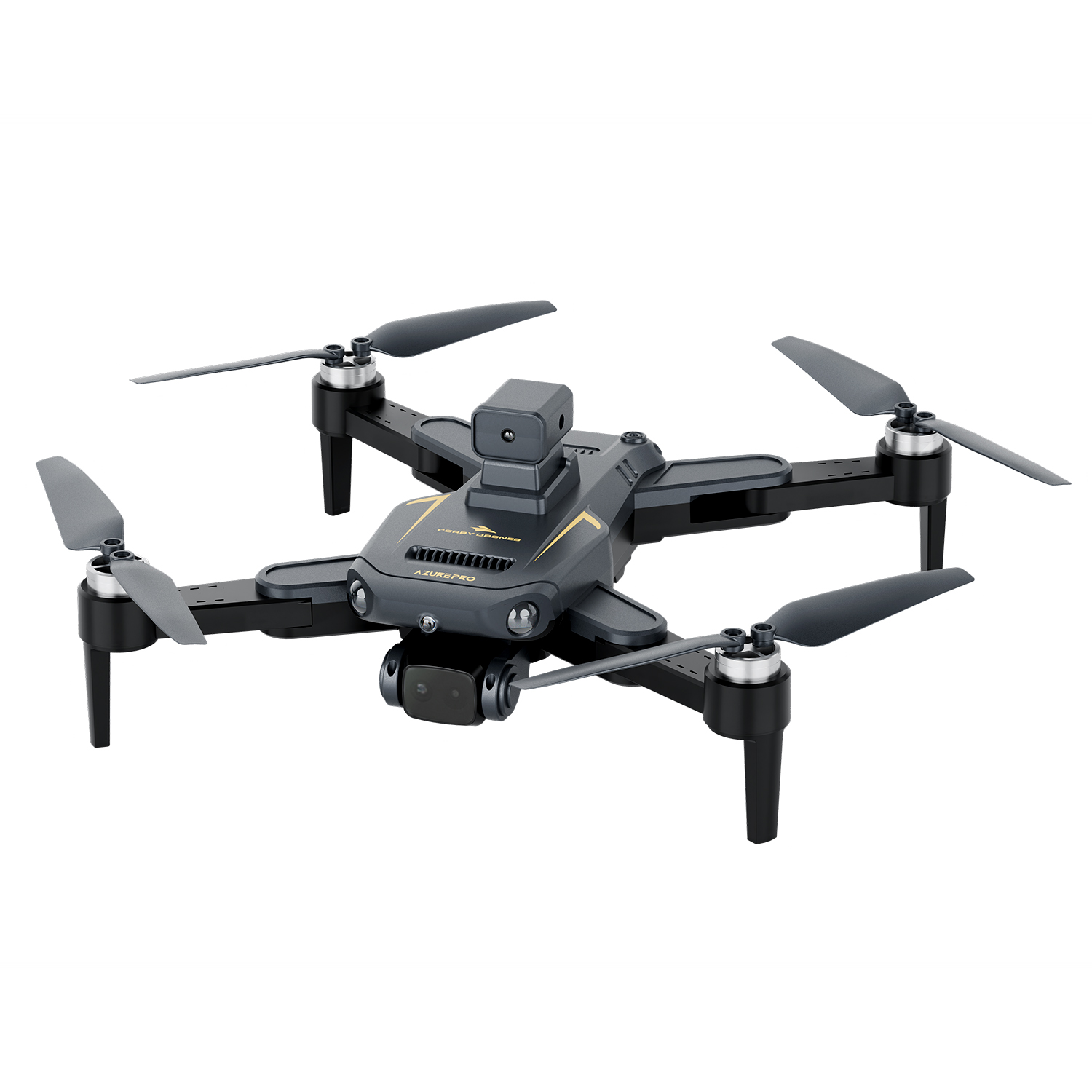 Dört pervaneli, kamerası ve iniş takımları olan gri ve siyah bir drone, beyaz bir arka plan üzerinde.