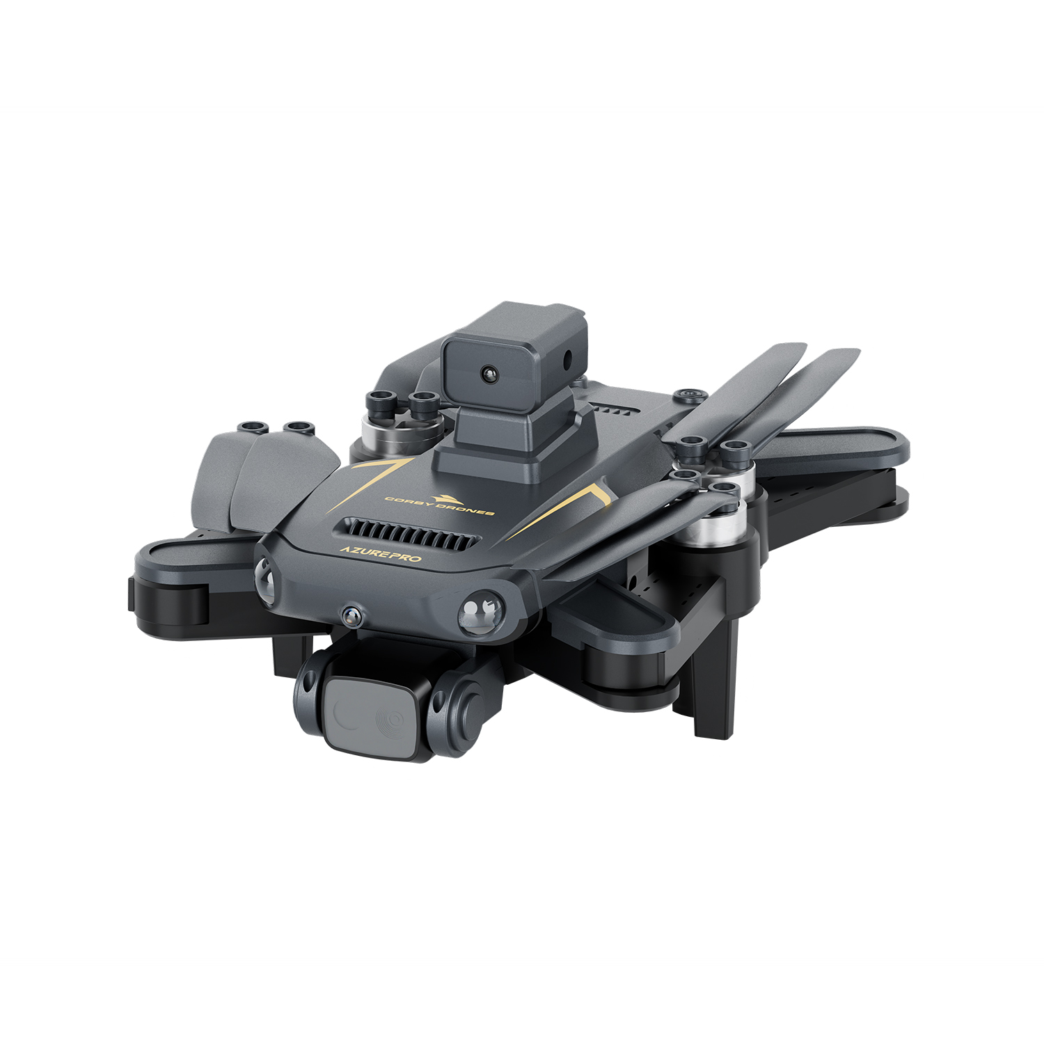 Kamerası, pervaneleri ve 'AZUREPRO' yazısı olan gri bir drone.