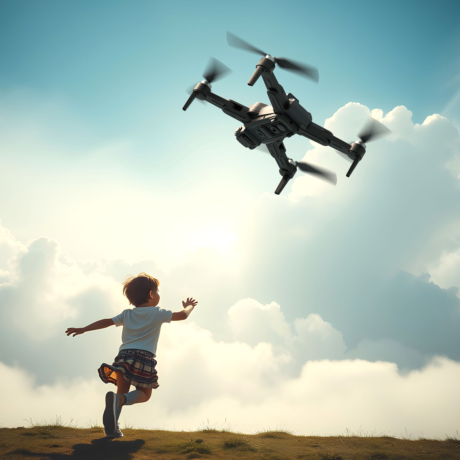 Parlak bir gökyüzünde bir drone'a doğru koşan çocuk.