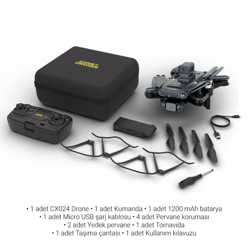 Drone kiti: drone, uzaktan kumanda, pil, şarj cihazı, pervaneler, tornavida ve taşıma çantası.