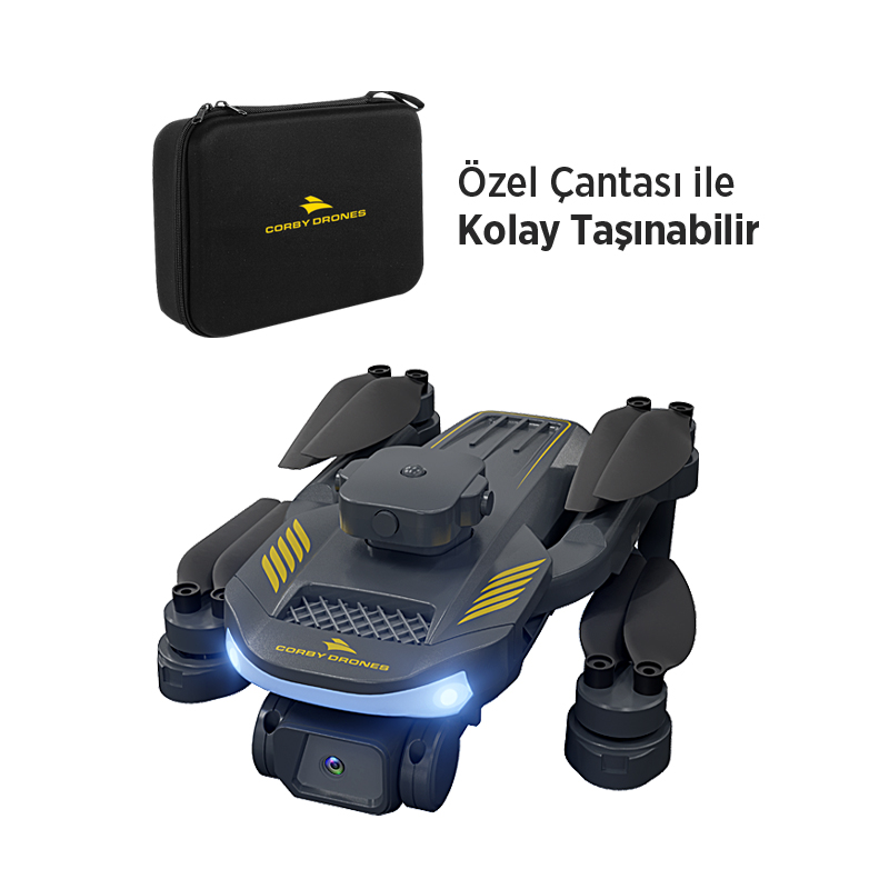 Bir drone ve taşıma çantası, Türkçe metinle etiketlenmiş.