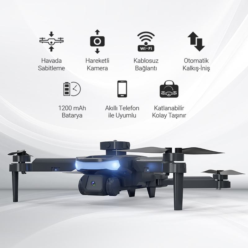 Gri bir arka plan üzerinde, çoklu pervaneleri ve bir kamerası olan siyah bir drone.