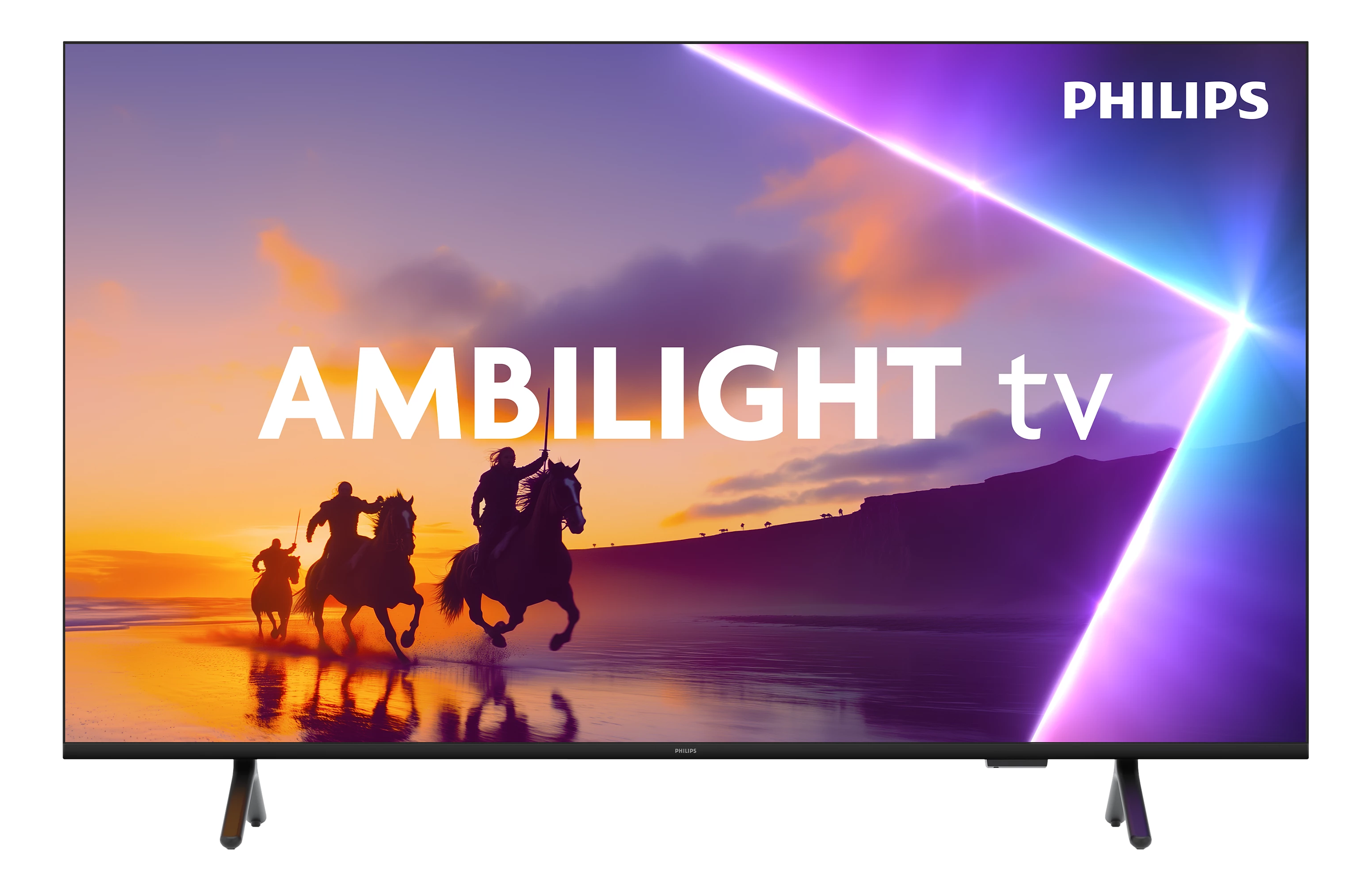 Philips Ambilight TV zeigt eine Strandszene mit Pferdereitern. Lila und orangener Himmel. Philips Logo vorhanden.