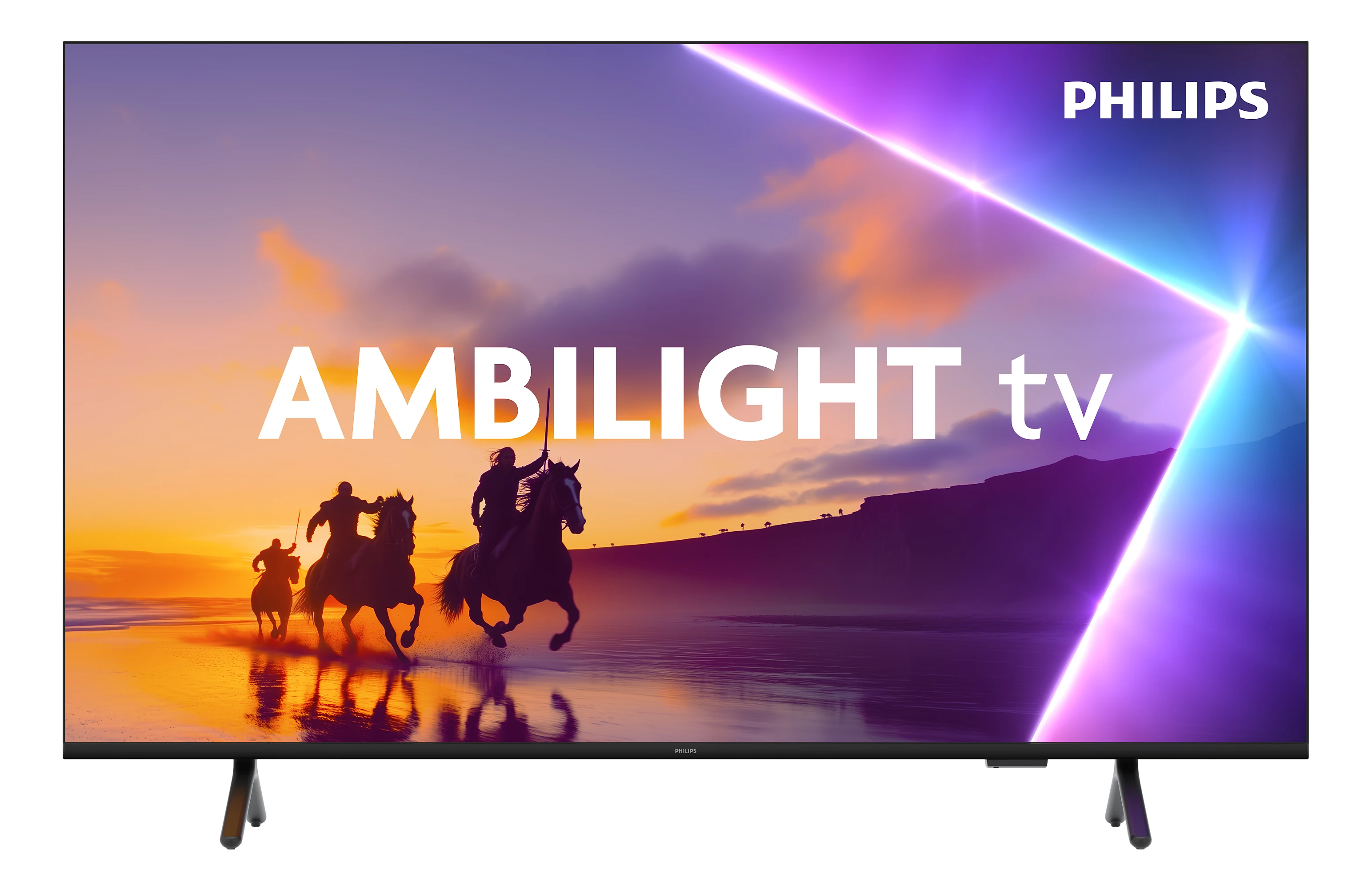 TV Philips Ambilight mostra cavalieri a cavallo al tramonto. Cielo viola e arancione. Supporto TV nero.