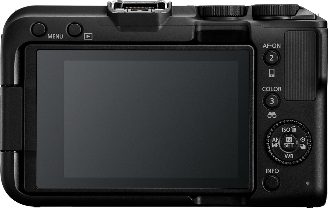 Retrocamera nera con schermo, pulsanti, ghiere ed etichette come 'MENU', 'AF-ON', 'COLOR', 'ISO' e 'INFO'.