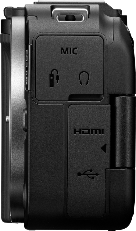 Vista laterale di una fotocamera nera. Include MIC, porte per cuffie e microfono, HDMI e USB.