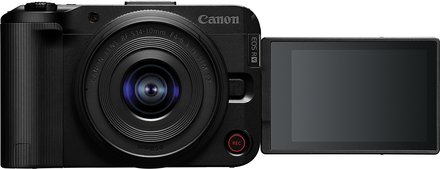 Appareil photo Canon EOS RV noir avec écran ouvert. Détails de l'objectif visibles, dont 'RF-S14-30mm' et bouton 'REC'.