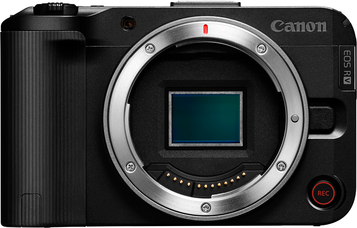 Appareil photo Canon EOS R noir. Monture d'objectif argentée entoure un capteur. Bouton REC rouge à droite. Logo Canon visible.