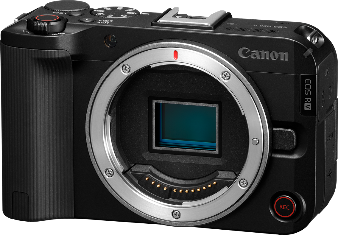 Appareil photo Canon EOS R5 noir avec monture d'objectif argentée. Comprend un bouton d'enregistrement rouge et divers cadrans et boutons.