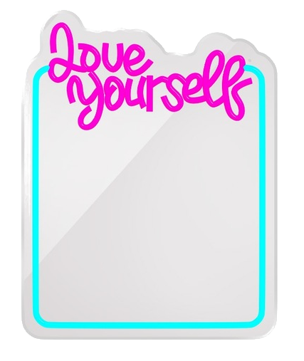 Prostokątna naklejka z niebieską obwódką, różowy napis 'Love yourself'.