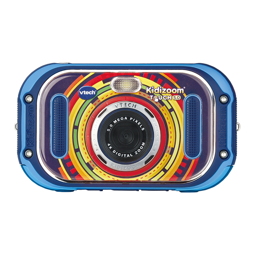 Blaue Vtech Kidizoom Kamera mit farbenfrohem Design, Objektiv und Knöpfen. Weißer Hintergrund.