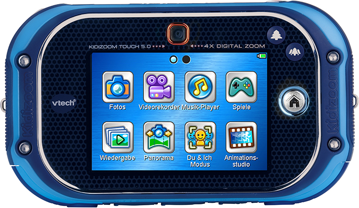 Blaue Vtech Kidizoom Touch 5.0 Kamera mit Touchscreen mit Symbolen und Objektiv.