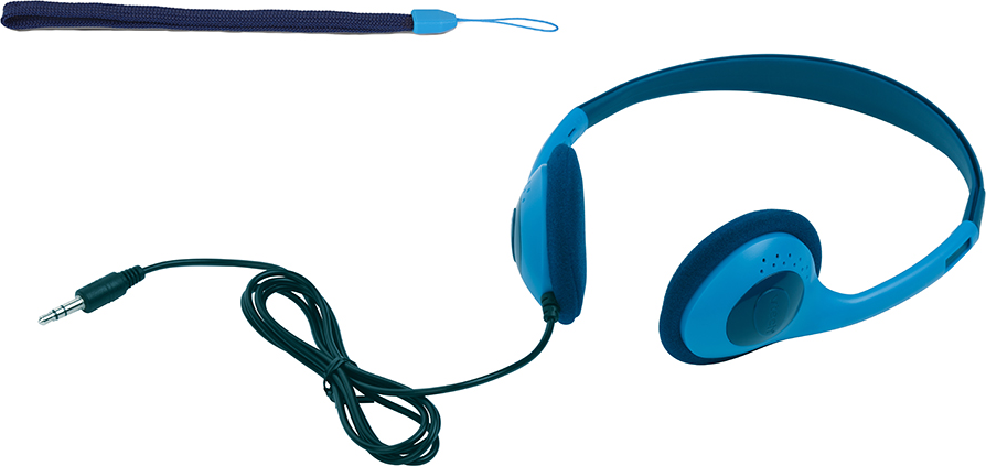 Ein blaues Kopfhörerpaar und ein Armband werden gezeigt.