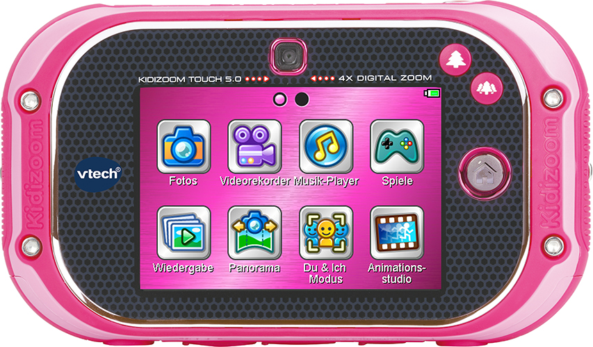 Eine rosa Kidizoom-Kamera mit einem Bildschirm, der Menüsymbole anzeigt.