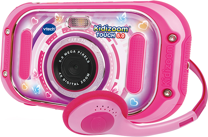 Eine rosa Kidizoom Kamera mit einem rosa Headset. Die Kamera hat mehrere Designs.