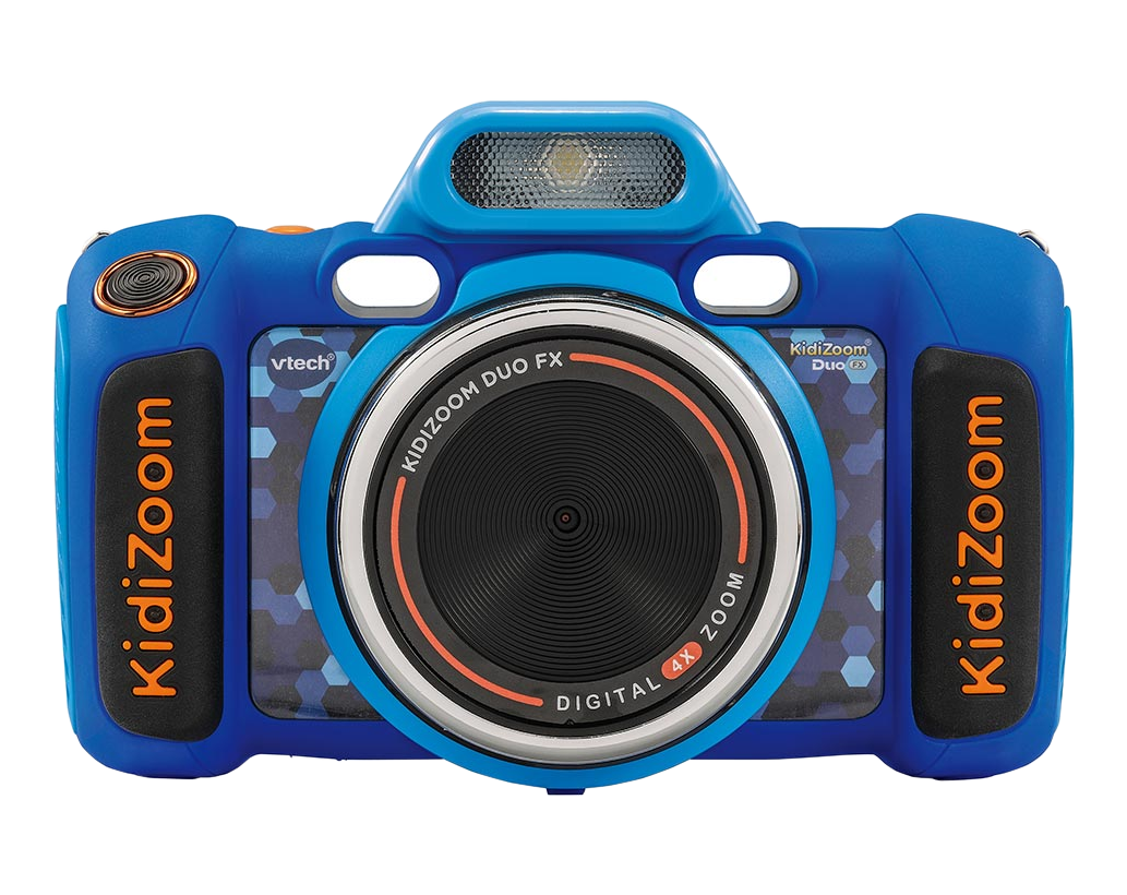 Blaue und schwarze Kidizoom Kamera. Das Objektiv ist schwarz. Orangefarbene Akzente auf der Kamera.