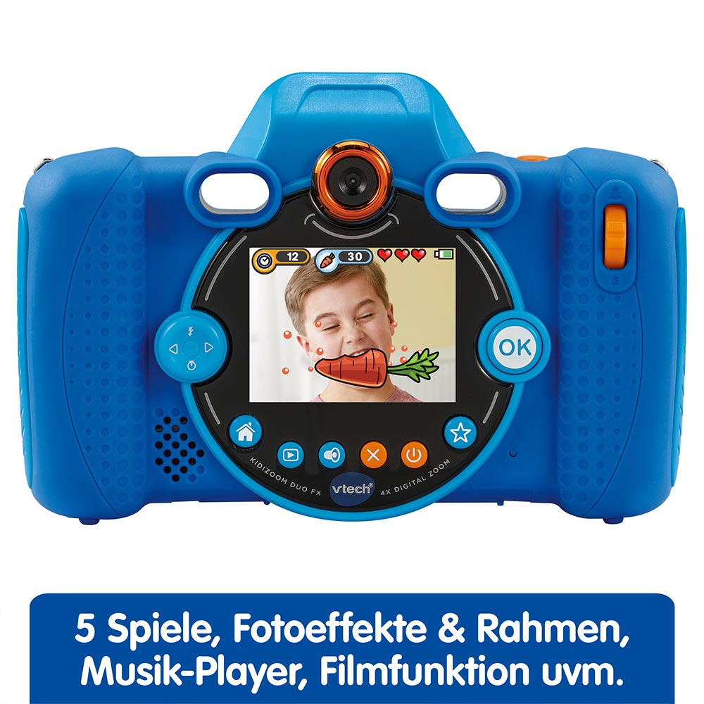 Eine blaue Kinderkamera mit einem Bildschirm, der ein Kind mit einer Karotte zeigt. Es hat Knöpfe.