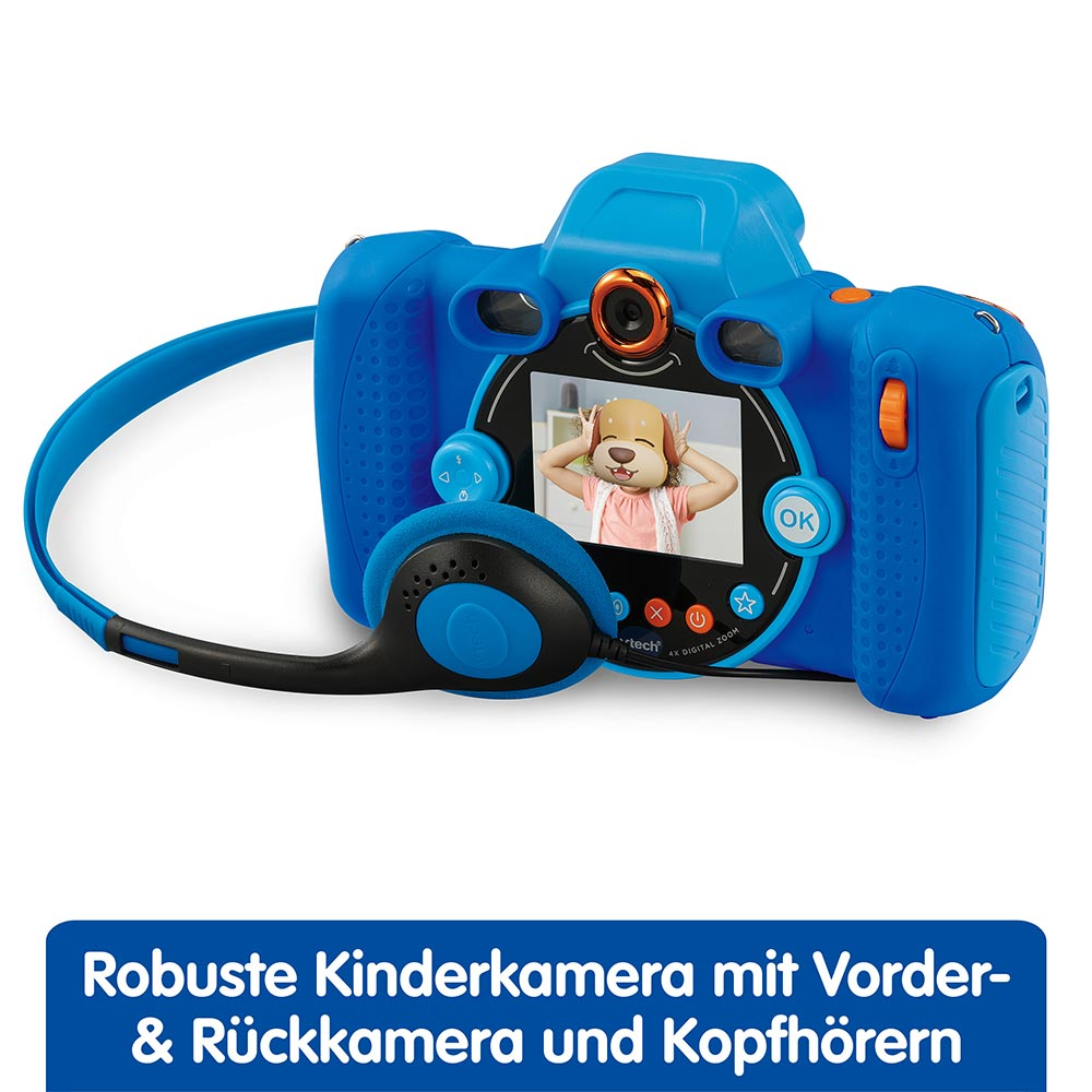 Blaue Kinderkamera mit Bildschirm, der ein Mädchen mit Hundefilter zeigt.