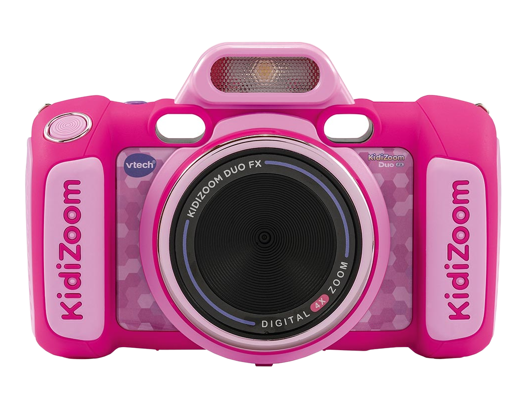 Fotocamera Kidizoom rosa con più pulsanti e un obiettivo, sfondo nero.