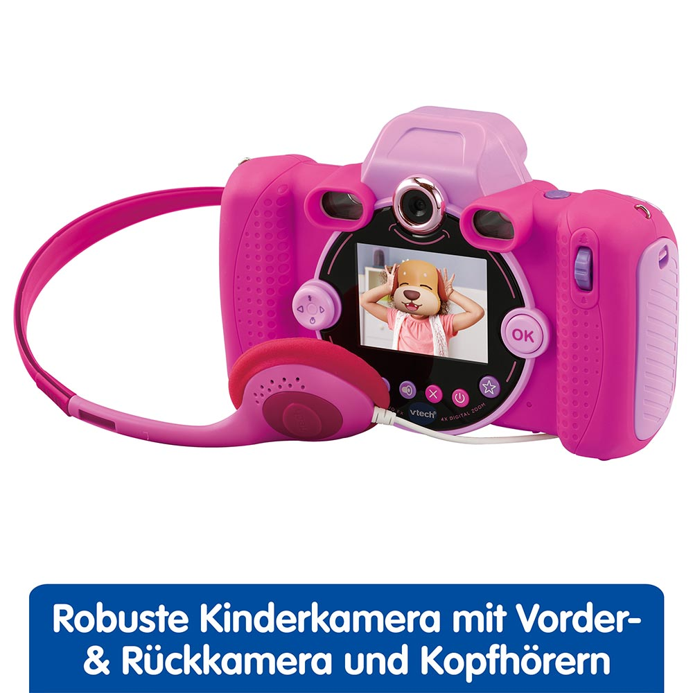 Una fotocamera giocattolo rosa con uno schermo che mostra la foto di un bambino.