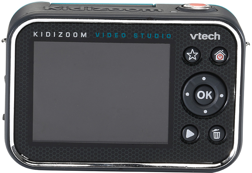 Caméra vidéo Kidizoom noire avec boutons et écran. Texte Kidizoom bleu.