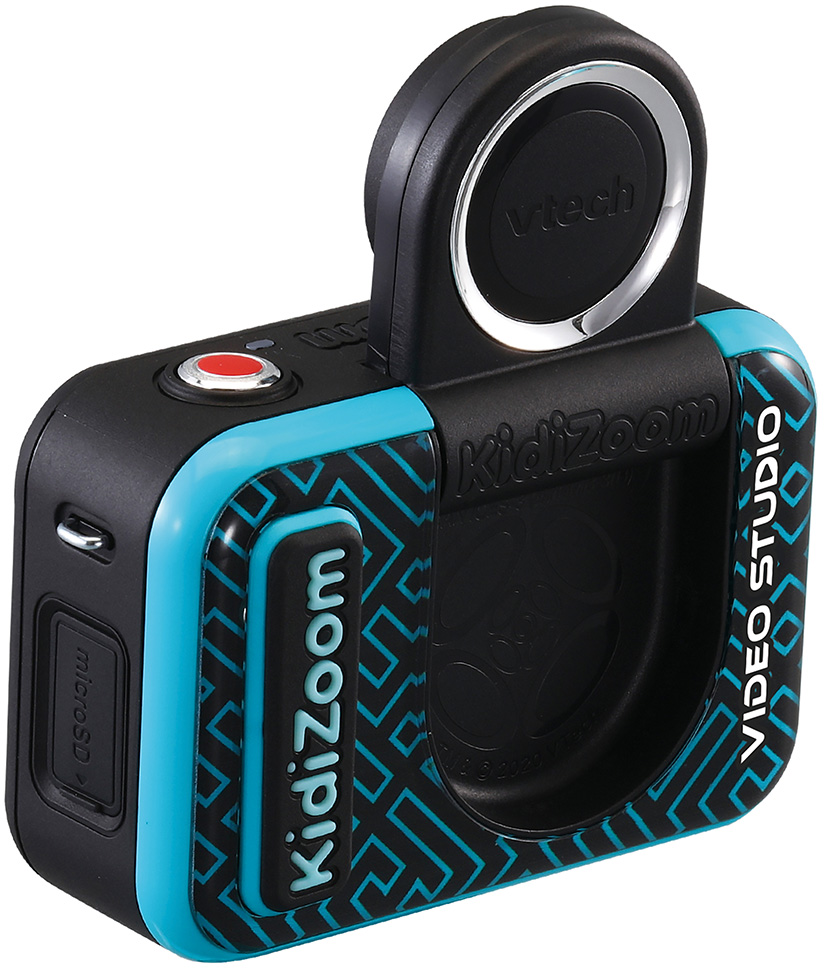 Appareil photo Kidizoom bleu et noir avec poignée, bouton rouge et fente micro SD.