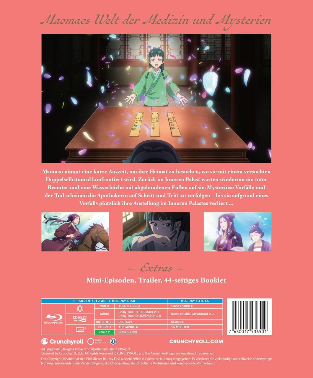 Rückseite einer Anime-Disc-Hülle mit Text und Bildern. Der Hintergrund ist eine rosa Farbe.