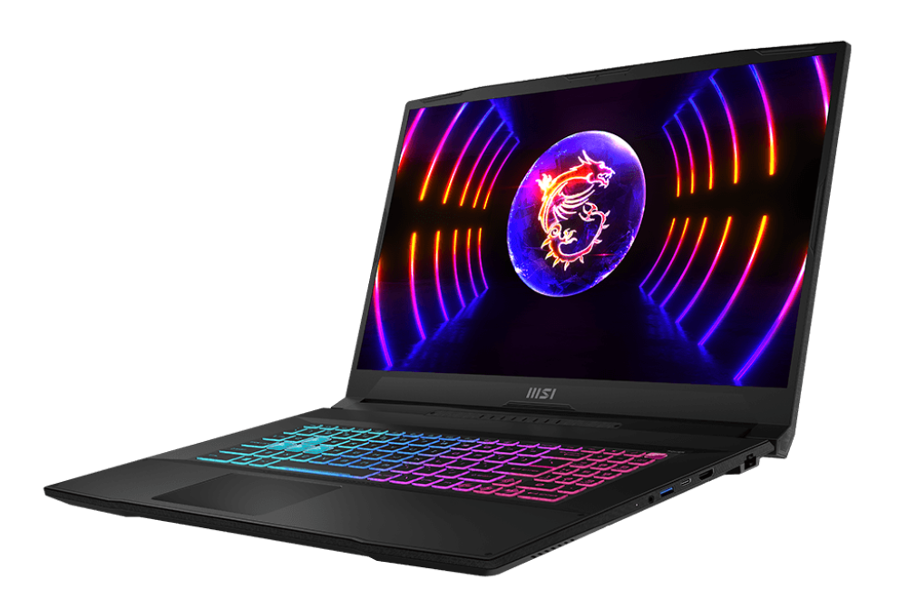 Czarny laptop z kolorową klawiaturą i logo MSI na ekranie.
