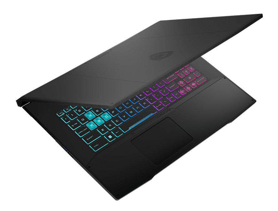 Czarny laptop z kolorową klawiaturą. Ekran jest otwarty, skierowany w górę.