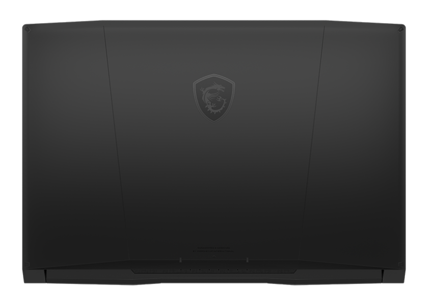 Czarny laptop z logo MSI na pokrywie, widok z góry.