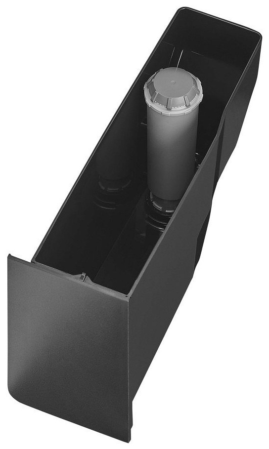 Czarny pojemnik z białym filtrem w środku, widok pod kątem.