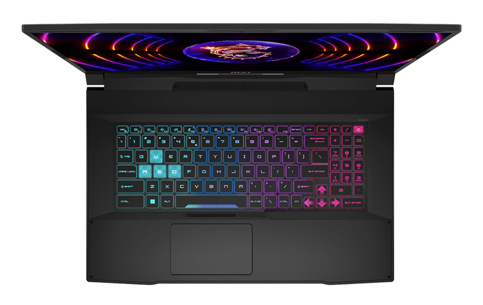 Laptop MSI z góry, wyświetlający klawiaturę z kolorowymi światłami i ekran.