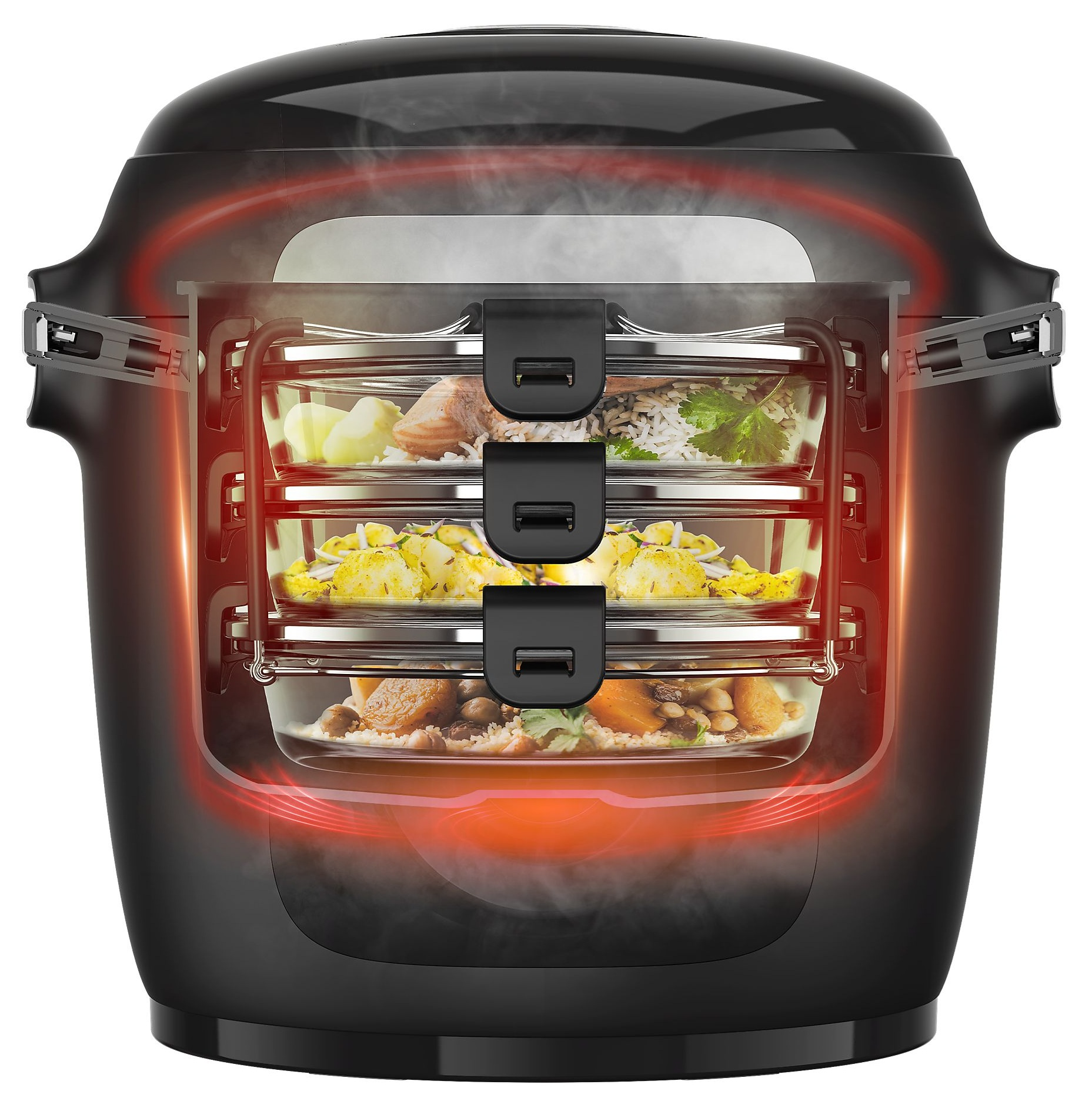 Czarny szybkowar z jedzeniem w środku, widok przekrojowy.