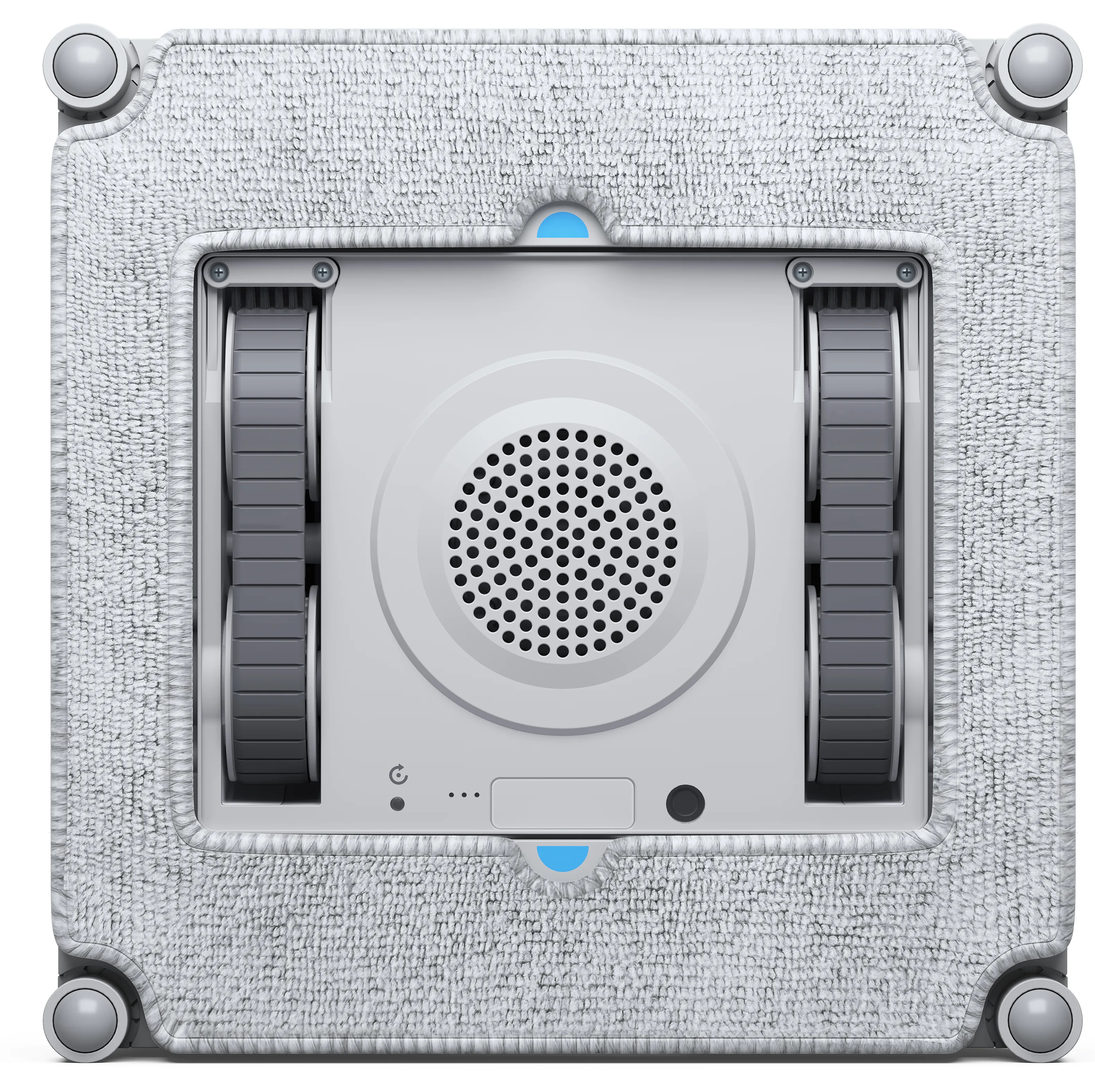 Robot do czyszczenia okien, biały z szarymi kołami i centralnym okrągłym otworem wentylacyjnym, na białym tle.