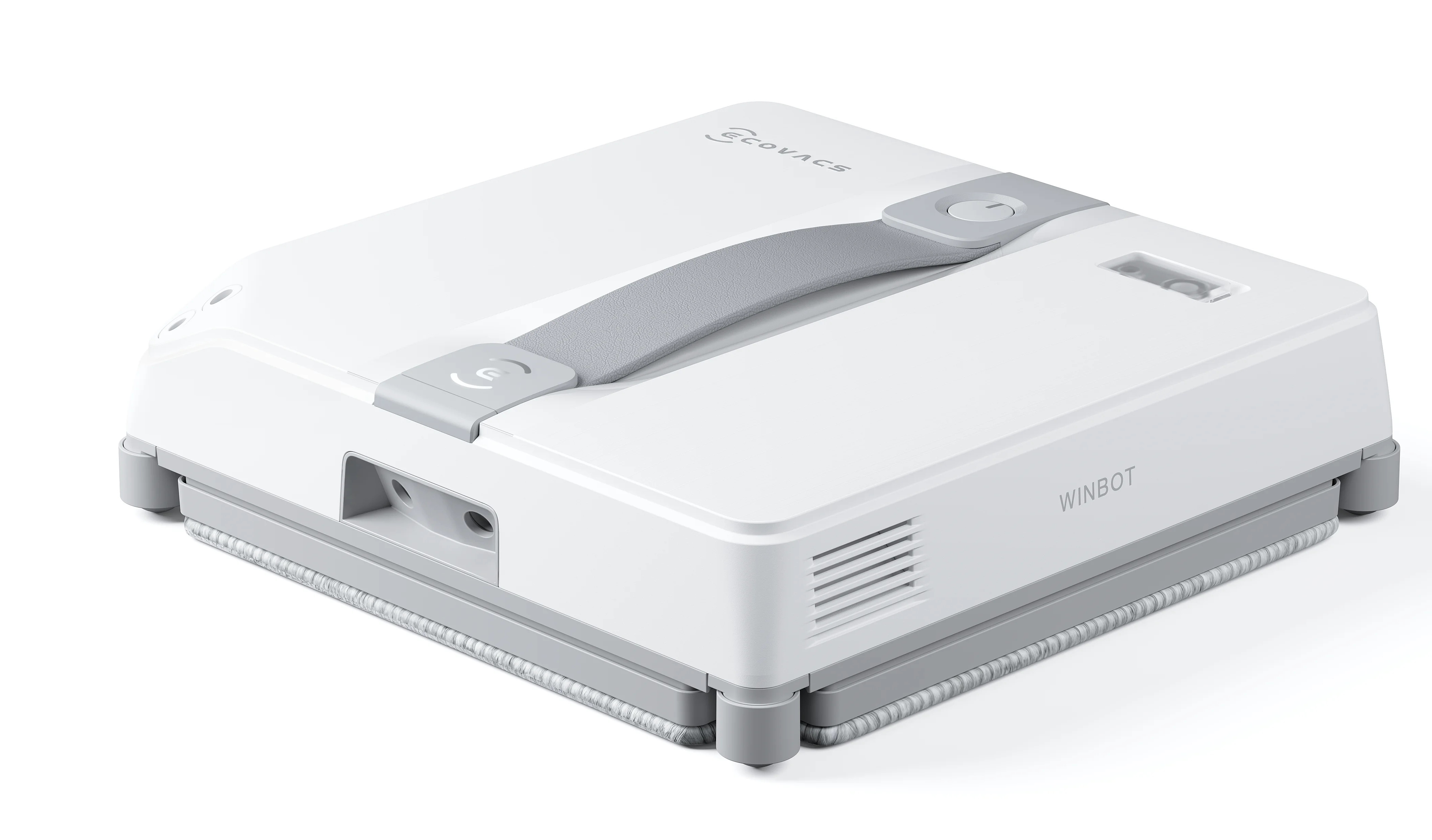 Biało-szary robot do czyszczenia okien. Ma uchwyt i podkładkę czyszczącą. Białe tło.