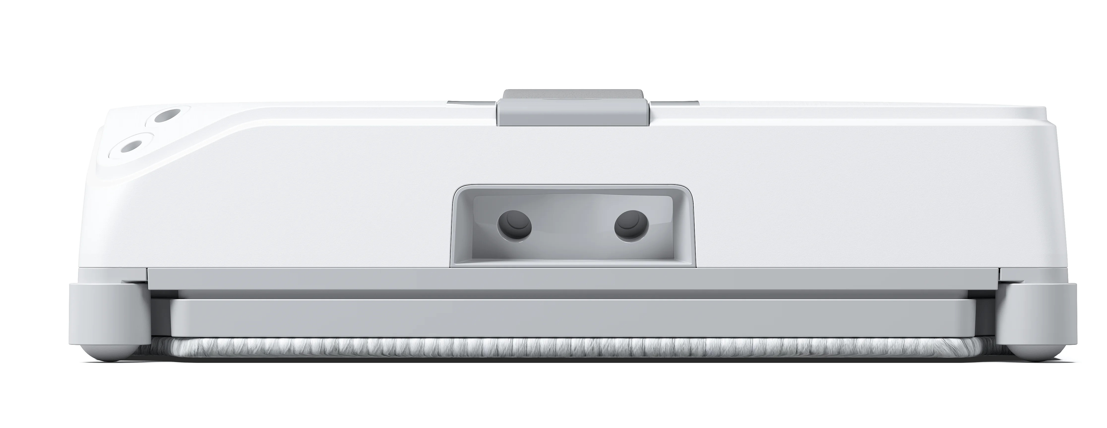 Biały robot sprzątający, widziany od dołu, z szarą szczotką i dwoma otworami.