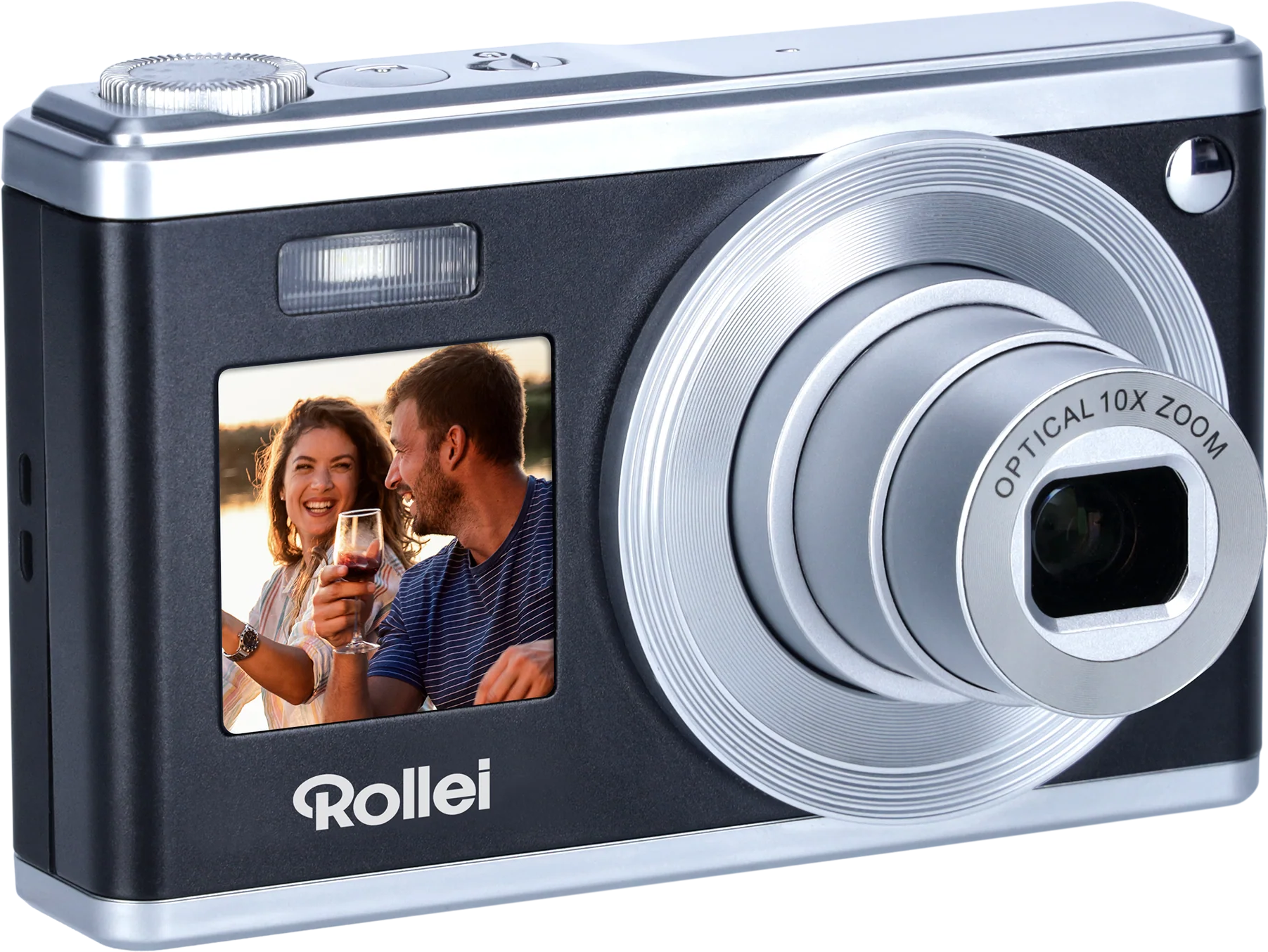Schwarze und silberne Rollei Kamera mit Bildschirm, der Menschen zeigt und einem Zoomobjektiv.