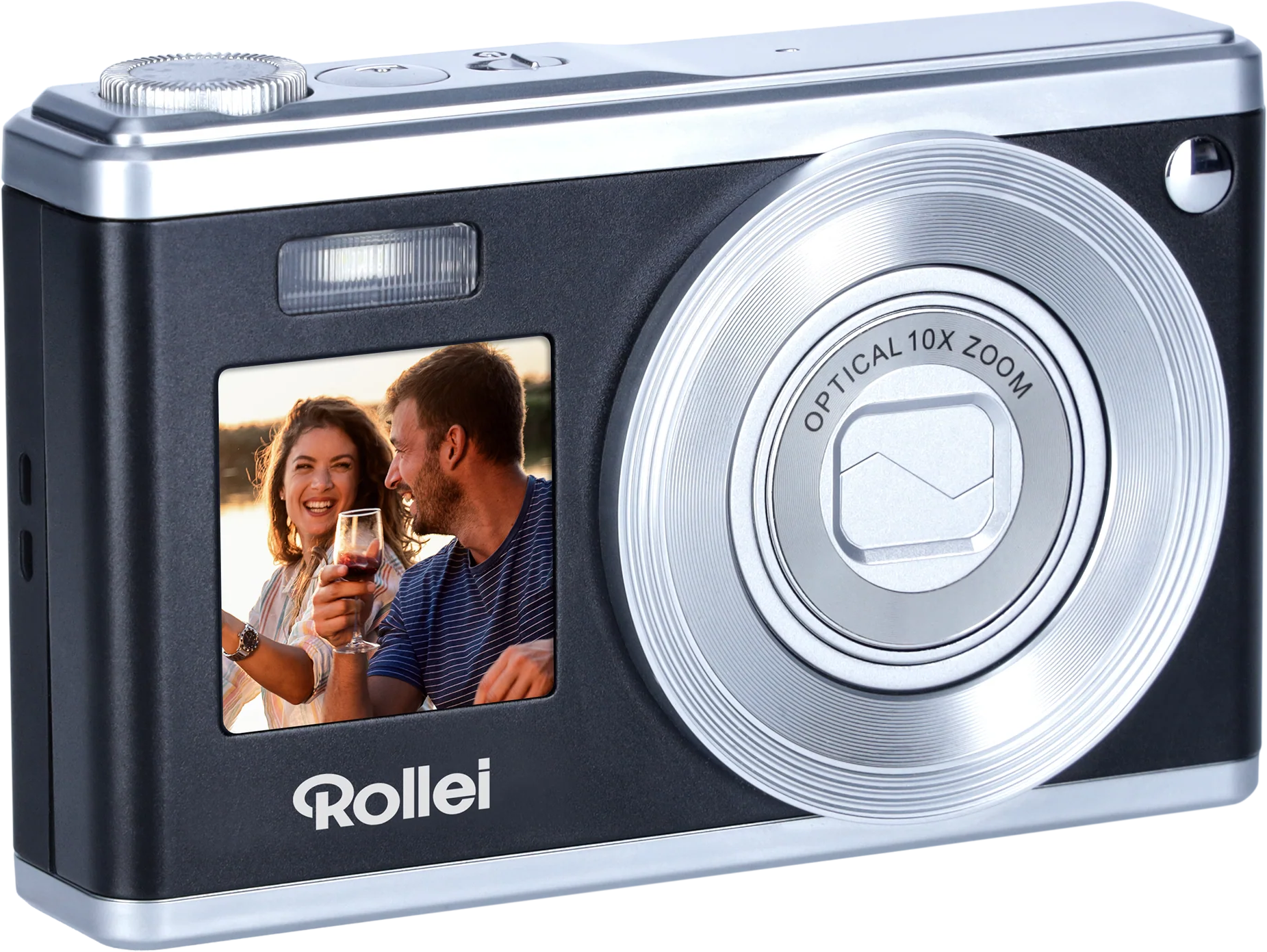 Schwarze und silberne Rollei Kamera mit einem Bildschirm, der ein Paar zeigt.