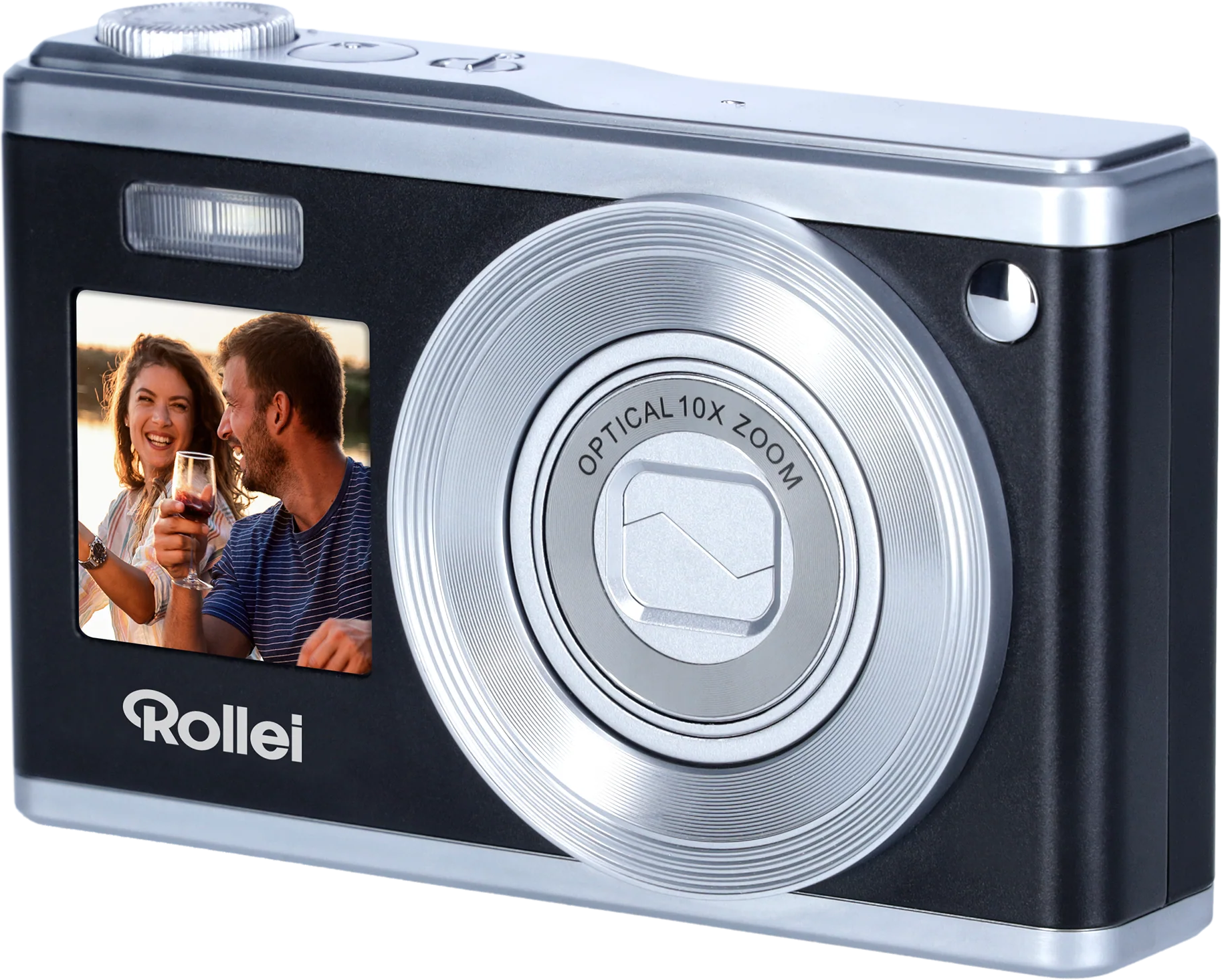 Schwarze Rollei-Kamera mit Zoomobjektiv und Display.