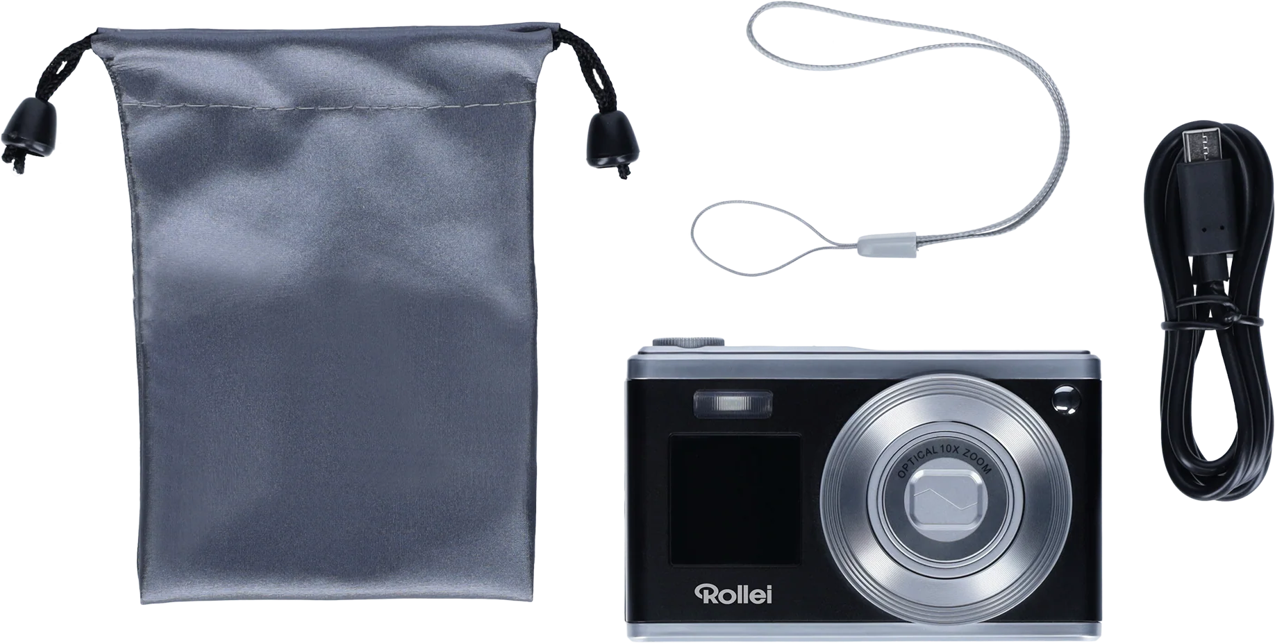 Schwarze Kamera mit Zubehör: Beutel, Handschlaufe und USB-Kabel. Weißer Hintergrund.