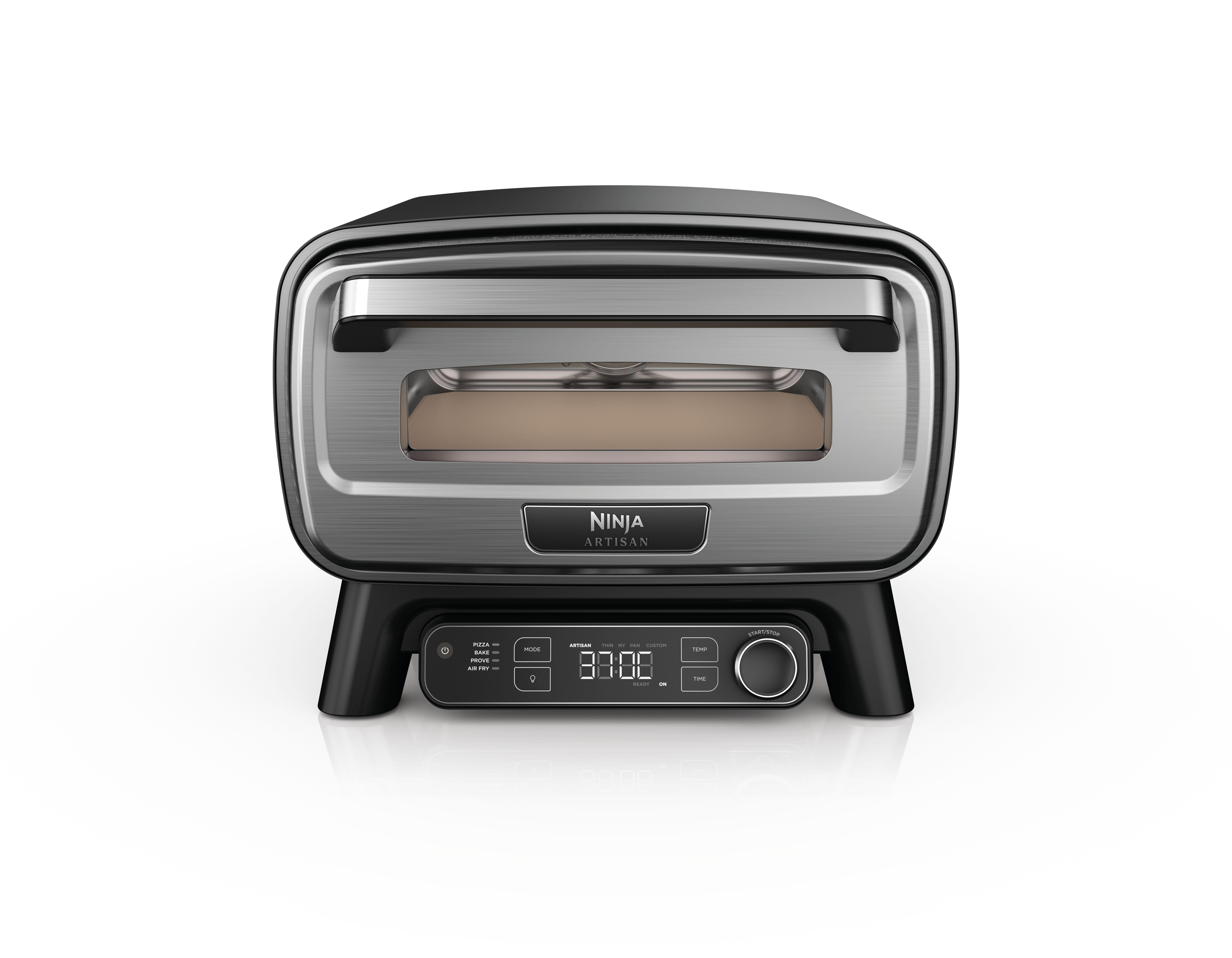 Ninja Artisan Ofen. Schwarz-Silber-Design, mit digitalem Display und Bedienfeld.