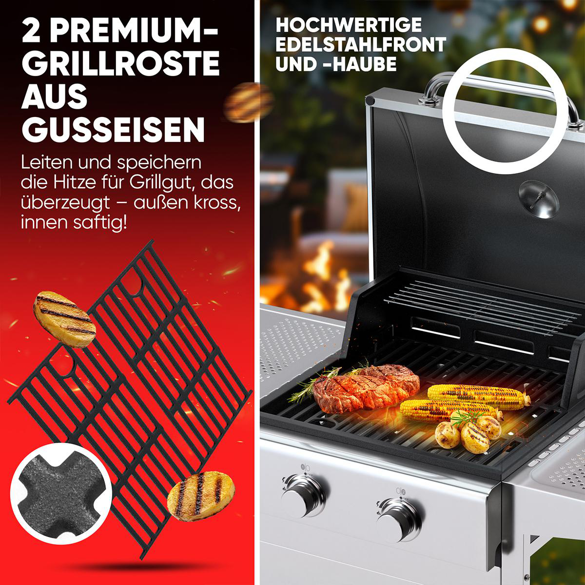 Grill mit Rosten und Essen, neben Nahaufnahme von Grillrosten und einem Steak.