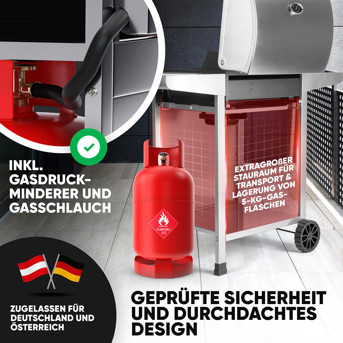 Roter Gastank neben einem Grill. Schwarzer Schlauch und ein grünes Häkchen sind sichtbar.