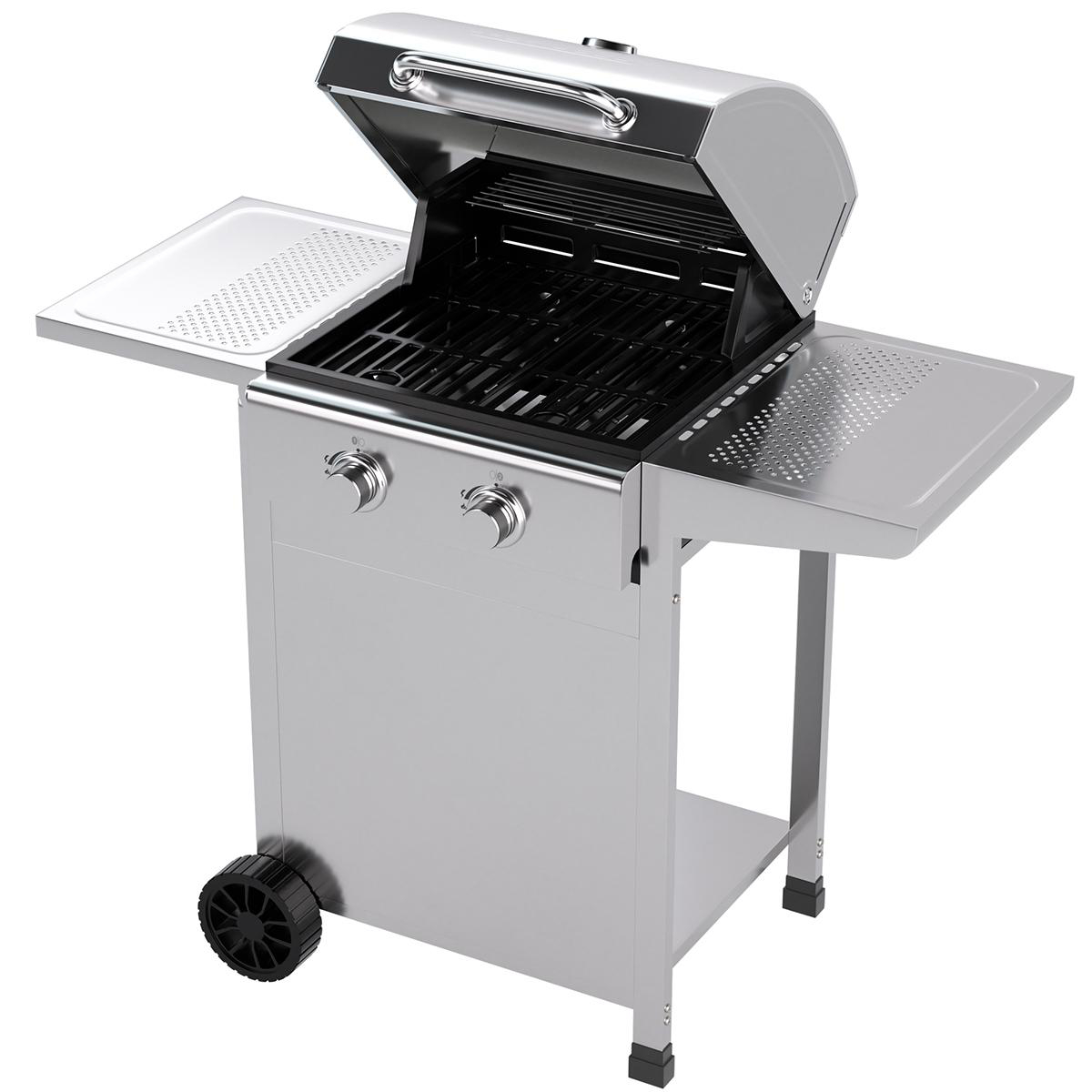 Gasgrill aus Edelstahl, offen, mit zwei Brennern und Seitenablagen, auf weißem Hintergrund.